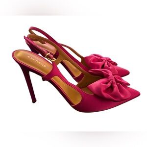 Express Sling~Back Stiletto Heels Sz 10 Fushia Satin Finish W/Large Bow on Toe